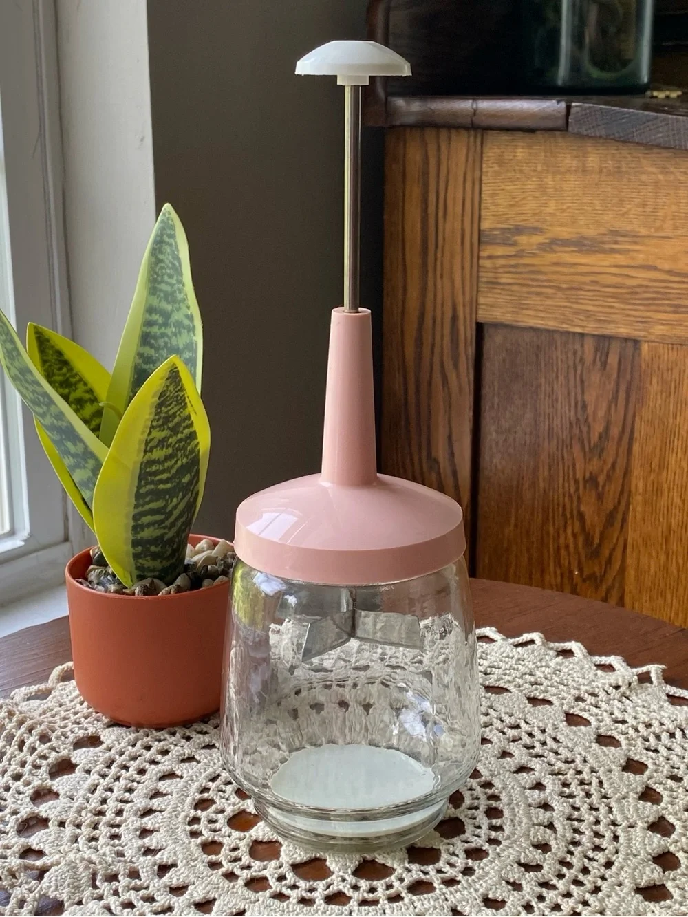 Vintage Pink Glass Hand Grinder and Jar EUC